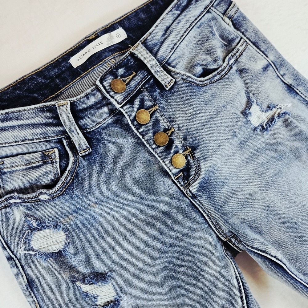 Altar'd State Womens Distressed Flare Jeans Blue Button Fly Raw‎ Hem Size 3